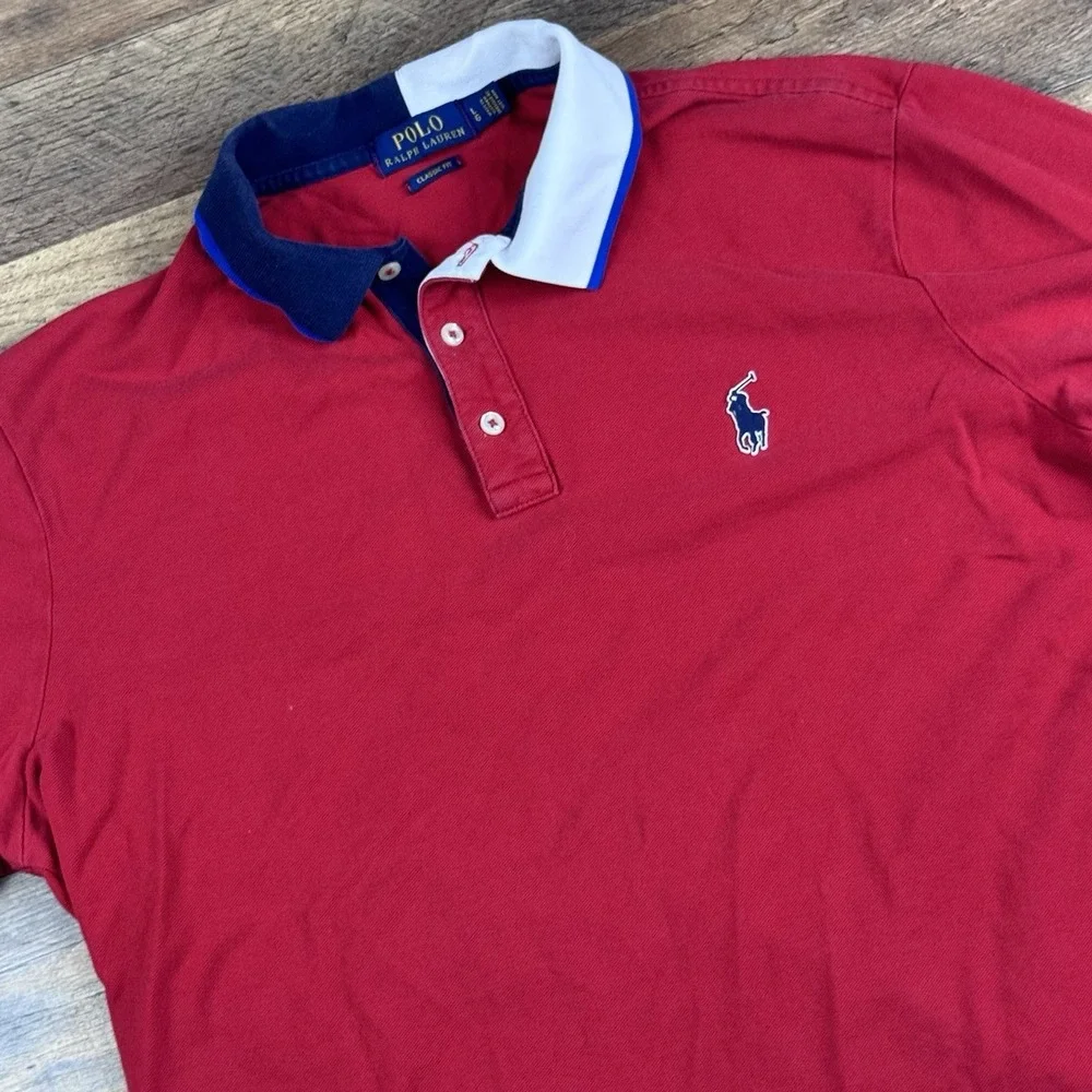 Polo Ralph Lauren Big Logo Red Polo Shirt Men's Size L Color block Collar